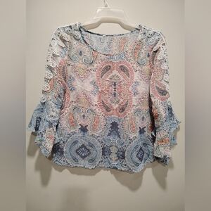 Fyve & Co Women's Paisley Print Belle 3/4 Sleeve Lace TrimTop boho Chic Size M